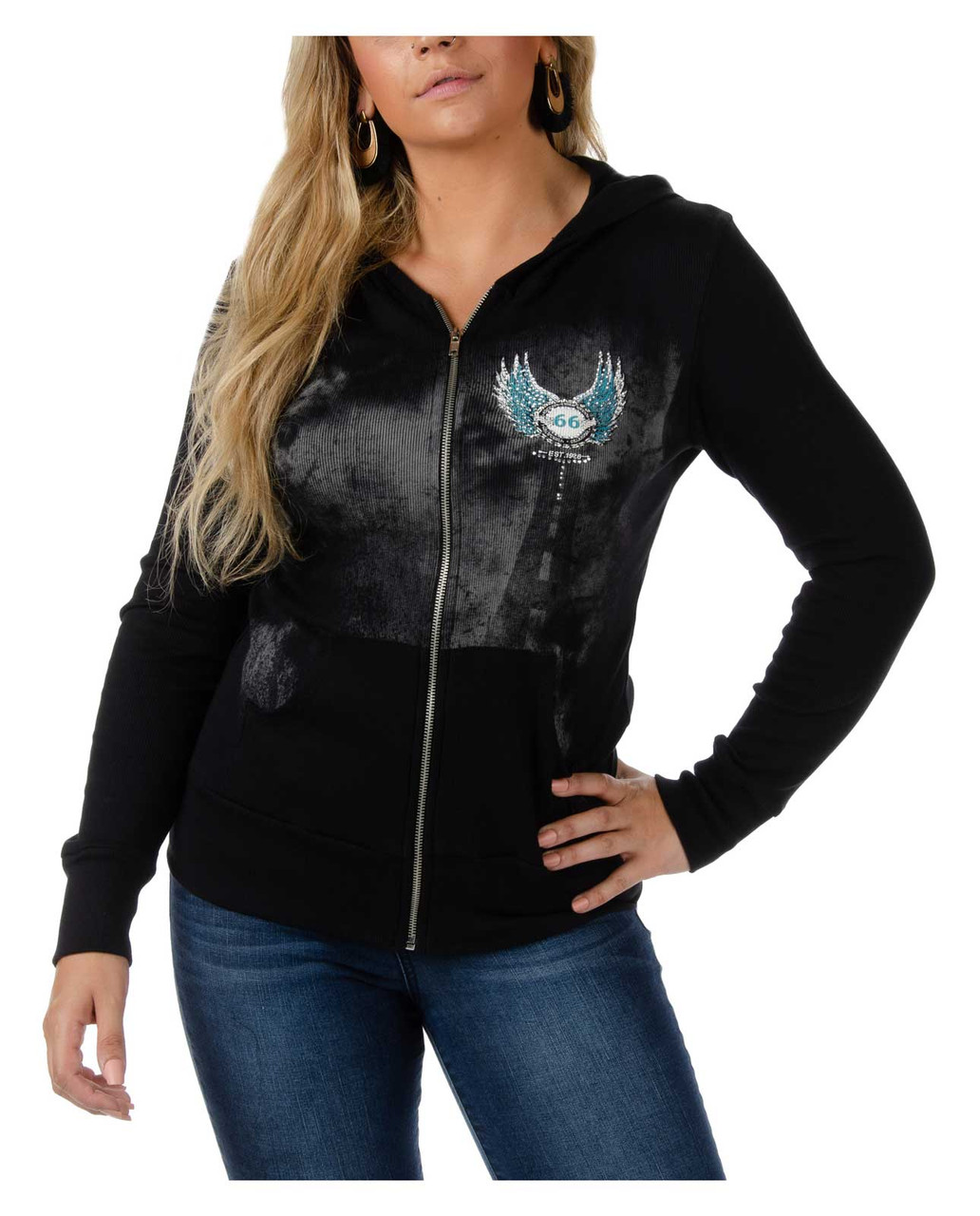 Liberty Wear Women's Ride Route 66 Embellished Ribbed Knit Zip-Up 