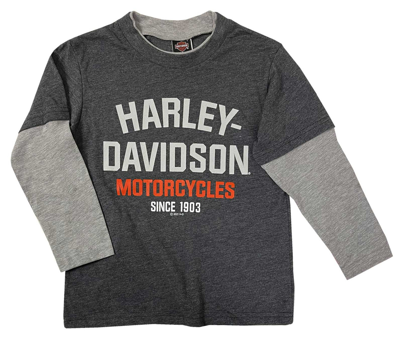 Harley-Davidson® Big Boys' T-Shirt, Double Layer Knit Long Sleeve Tee - Gray