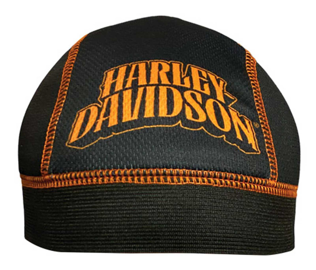 Handmade Crochet Skull Cap Kufi Beanie - Black & Orange Striped For Harley Bikers