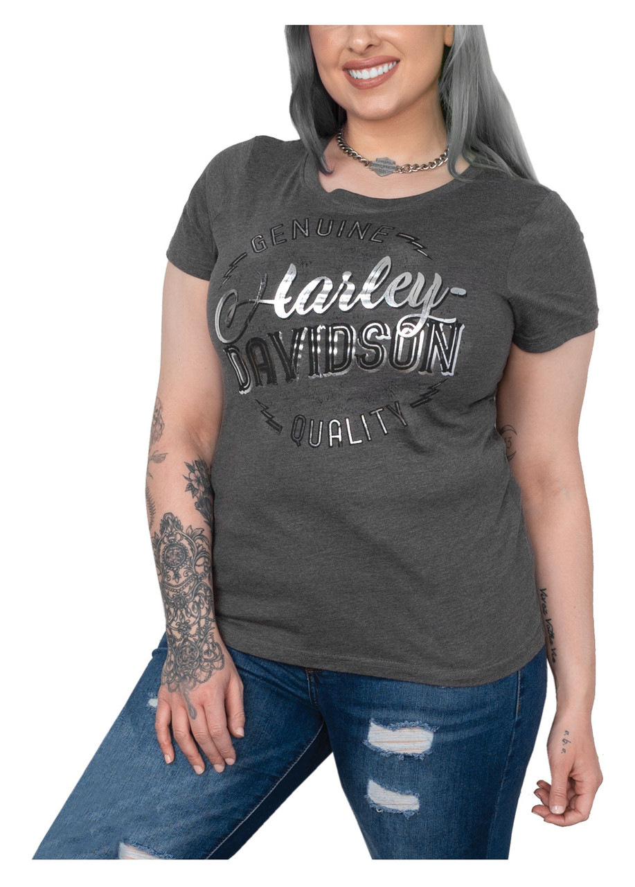 Harley Davidson® Womens Vibes Foiled Crew Neck Short Sleeve T Shirt Gray Wisconsin Harley 