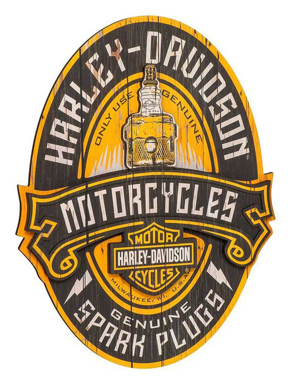 ☆関税込☆VINTAGE HOLLYWOOD★Vintage Logo Hairpin★ Harley-Davidson® Distressed Spark Plug Oval Wooden Pub Sign