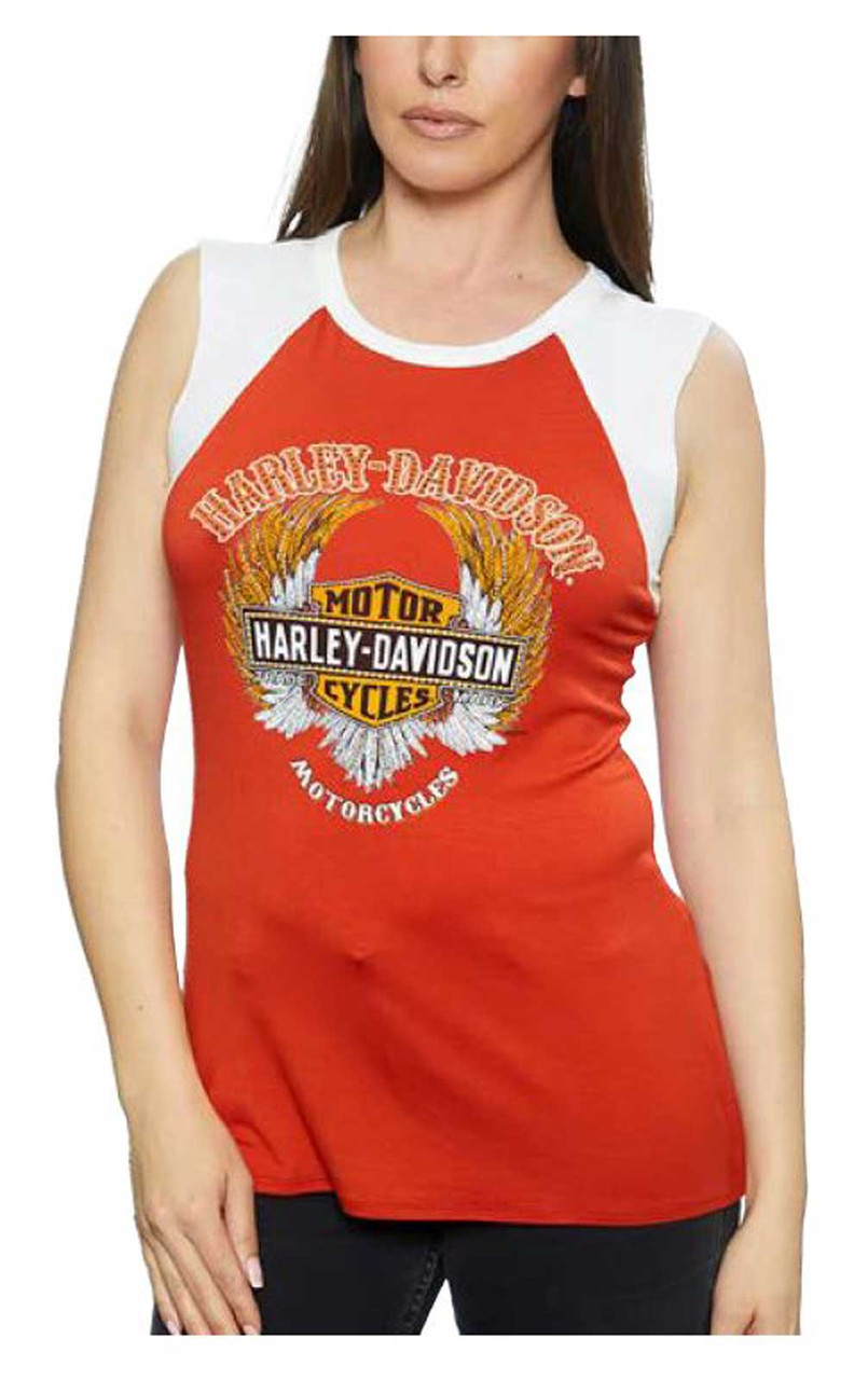 Harley Davidson® Womens Rip Roar Sleeveless Scoop Neck Raglan Tank Top Orange Wisconsin 