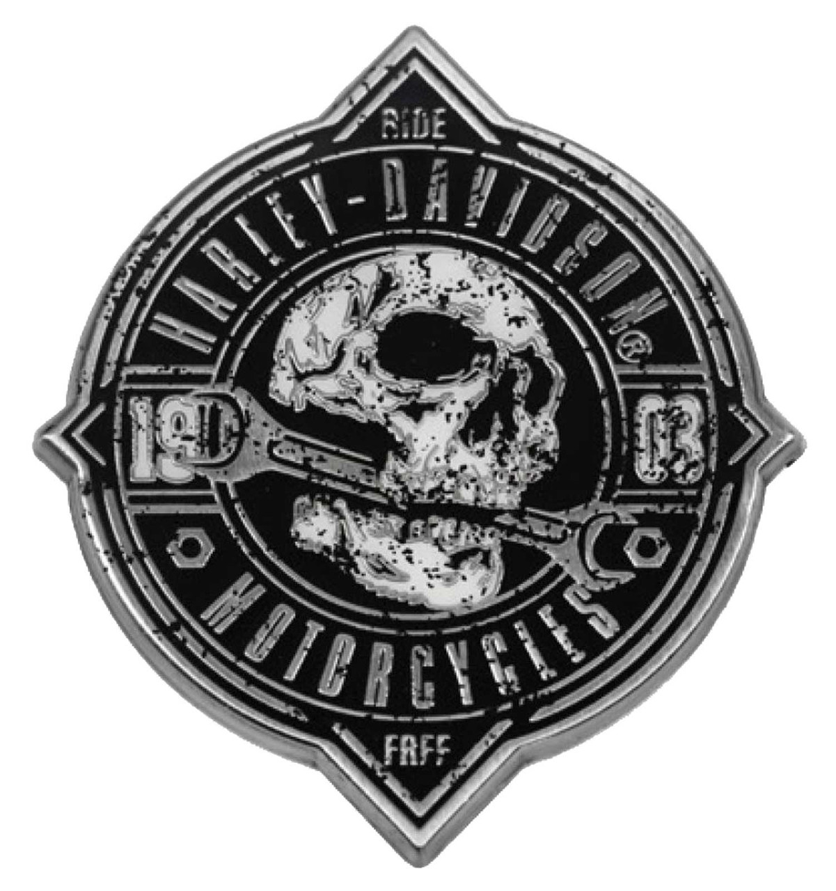 Harley-Davidson® 1.5 in. Rough Skull Stock Metal Pin, Distressed 