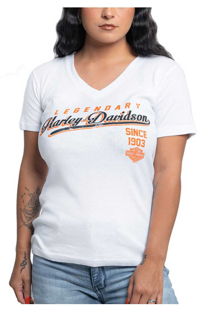 ◆Harley Davidson◆ Heart Harley Short Sleeve T-shirt White Harley-Davidson® Women's Swinging V-Neck Short Sleeve Cotton