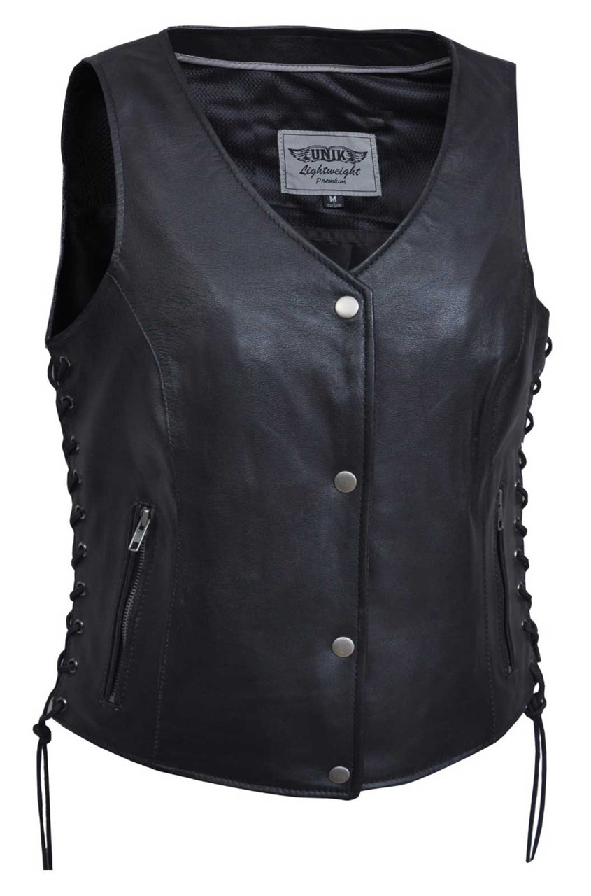 Unik International Women's Premium Lightweight Leather Motorcycle Vest – Naked Goat Leather, 2XL