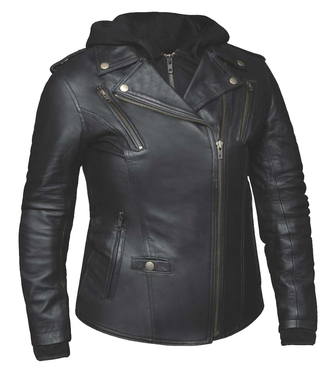 Derringer Women's 3-IN-1 Lambskin Hooded Leather Motorcycle