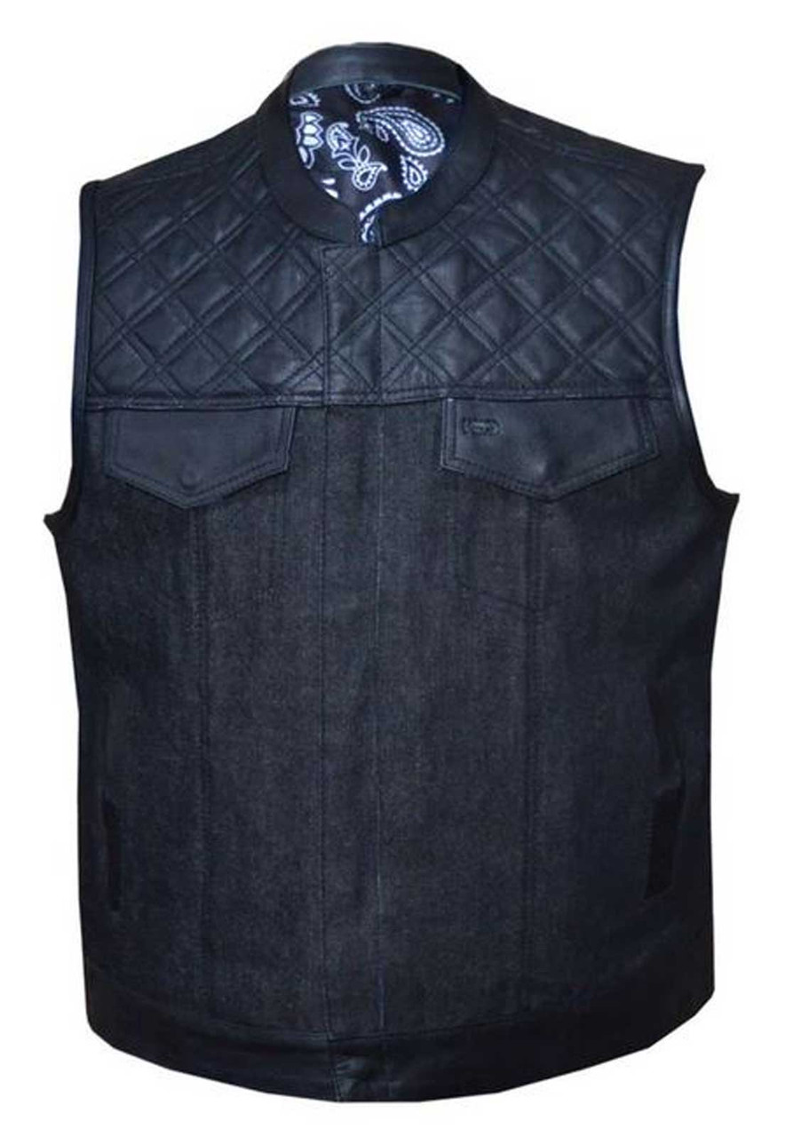 UNIK Men's Denim & Cowhide Leather Club Motorcycle Vest w/ Paisley