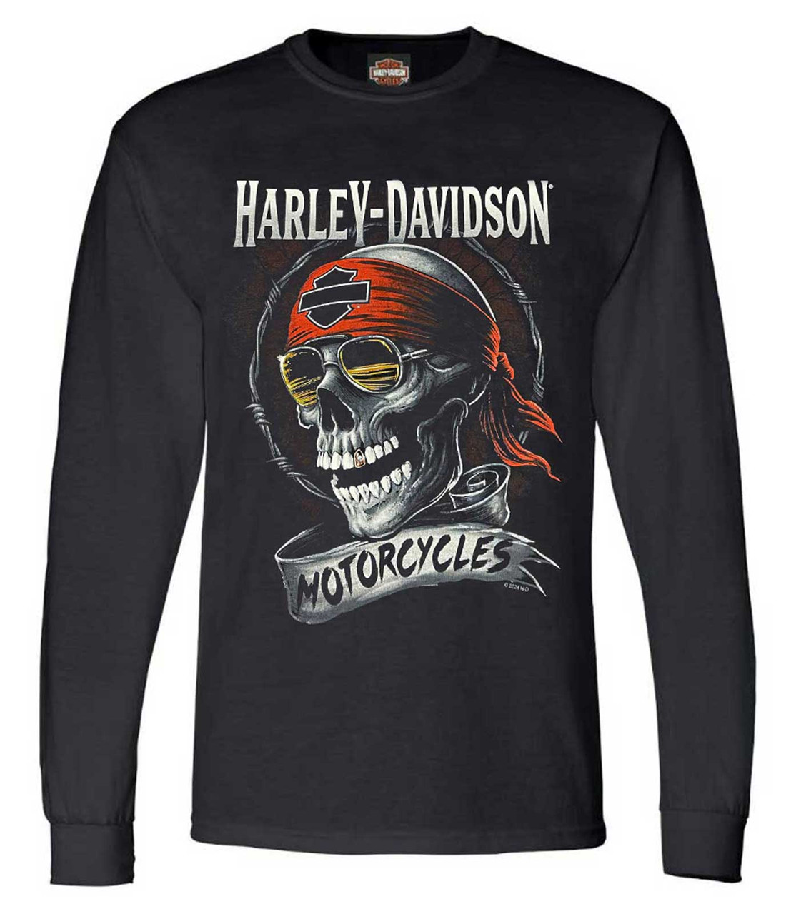 ◆Harley Davidson◆ Pigment Dying Skull Long Sleeve T-Shirt Harley-Davidson® Men's Distressed Shady Skull Crew-Neck Long