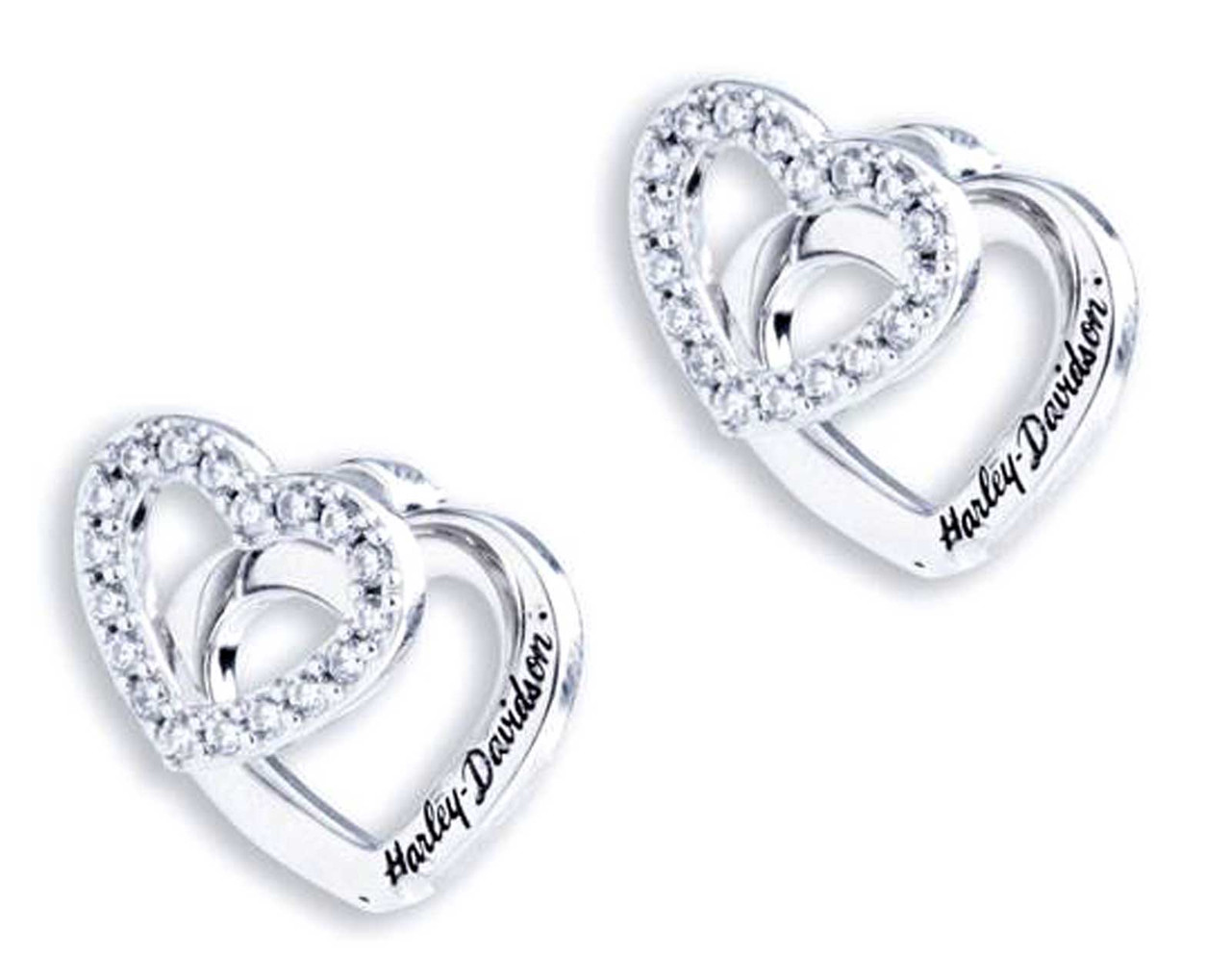アクセサリー HEART SILVER EARRINGS Harley-Davidson® Women's Double Interlocked Heart Crystal