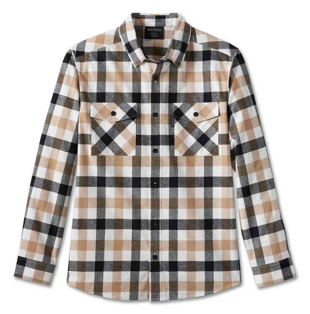 Harley-Davidson Men's Essence Plaid Long Sleeve Button-Down Shirt - Black, Snap-Down Collar, 96649-23VM