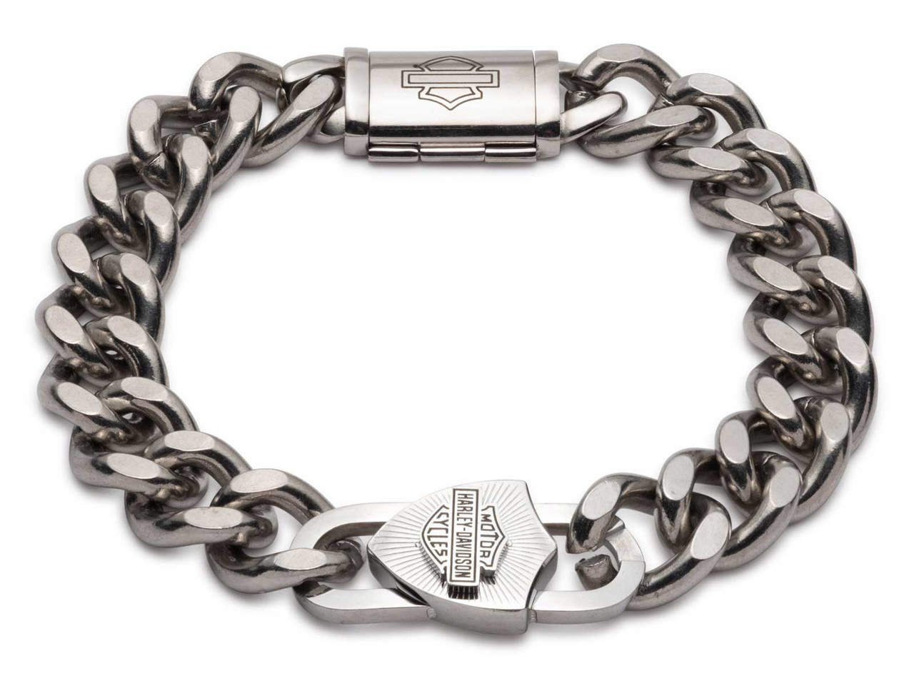 【Harley Davidson】Bar & Shield Stainless Chain Bracelet Harley-Davidson® Men's Bar & Shield Padlock Curb Chain