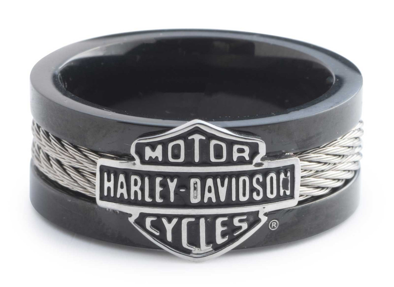 Harley-Davidson® Men's Bar & Shield Steel Cable Band Ring, Black