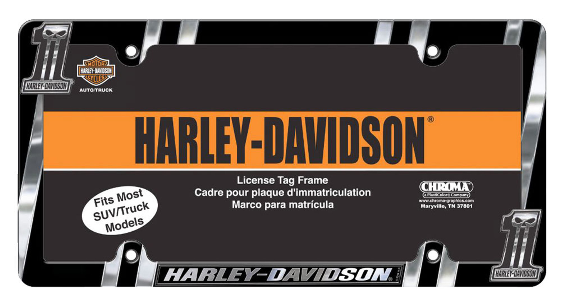 HarleyDavidson® 1 Skull Dark Custom License Plate Frame, Chrome CG42526 Wisconsin Harley