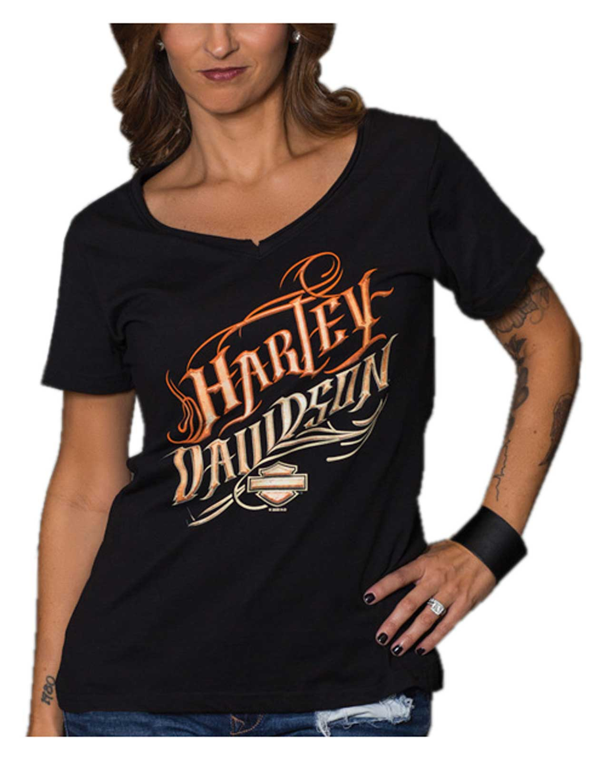 Harley Davidson® Womens Be Still Short Sleeve Cotton V Neck T Shirt Black Wisconsin Harley 