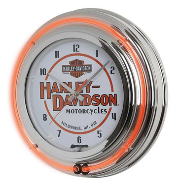 Harley-Davidson Motorcycle Double Neon Bar & Shield Clock, Orange Neon HDL-16623 - Wisconsin Harley-Davidson