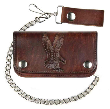 Genuine Leather Men's Eagle Head Antique Tri-Fold Biker Chain