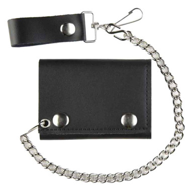 Motorcycle Men's Large Tri-Fold Biker Chain Wallet, Genuine Black