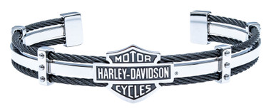 Harley-Davidson Men's Bar & Shield Steel Cable Cuff Bracelet, Silver HSB0069 - Wisconsin Harley-Davidson