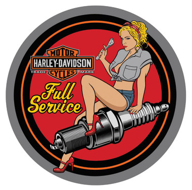 Harley-Davidson Spark Plug Babe Embossed Tin Sign, 14 inch diameter 2011371 - Wisconsin Harley-Davidson