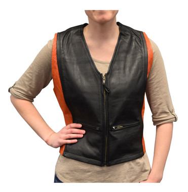 Redline Leather Women's Orange & Black Cowhide Leather Motorcycle Vest L-3430 - Wisconsin Harley-Davidson
