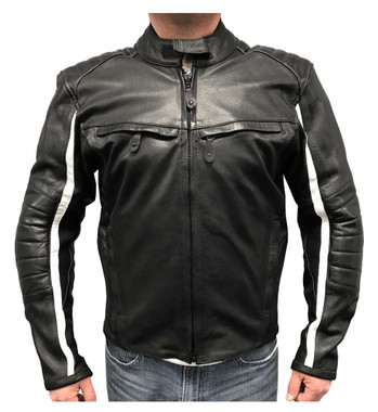 Redline Men's White Striped Goat Skin Leather Motorcycle Jacket, Black M-BWG - Wisconsin Harley-Davidson