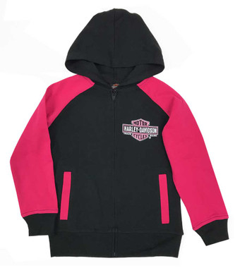 Harley-Davidson Big Girls' Glittery B&S Knit Zippered Hoodie, Black & Pink - Wisconsin Harley-Davidson