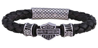 Harley-Davidson Men's Bar & Shield Braided Leather Bracelet - Black HSB0217 - Wisconsin Harley-Davidson