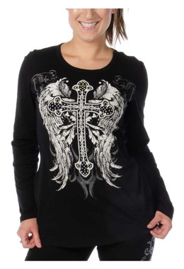 Liberty Wear Women's Black Souls Embellished V-Neck Long Sleeve Shirt, Black - Wisconsin Harley-Davidson