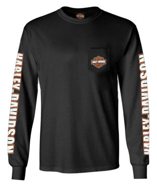 Harley-Davidson Men's Bar & Shield Chest Pocket Long Sleeve Crew-Neck Tee, Black - Wisconsin Harley-Davidson