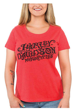 Harley-Davidson Womens Rhinestone Swirly Script Scoop Neck Short Sleeve Tee, Red - Wisconsin Harley-Davidson