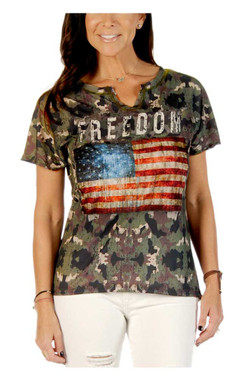 Liberty Wear Women's Freedom Flag Camo Print Short Sleeve Notched Neck Tee - Wisconsin Harley-Davidson
