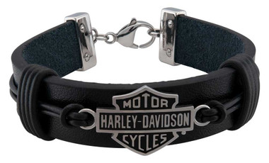 Harley-Davidson Men's Nut & Coil B&S Leather Bracelet - Stainless Steel, Black - Wisconsin Harley-Davidson
