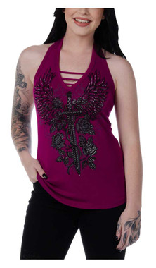 Liberty Wear Women's Embellished Vengeance Dagger Halter Top - Magenta Pink - Wisconsin Harley-Davidson