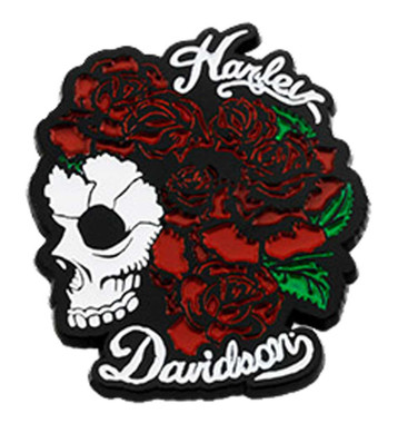 Harley-Davidson 1.5 in. Engraved Skull & Roses Metal Pin, Gloss Black Finish - Wisconsin Harley-Davidson