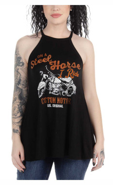 Liberty Wear Women's Steel Horse Embellished Keyhole Back A-Line Halter Tank - Wisconsin Harley-Davidson