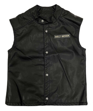 Harley-Davidson Big Boys' Embroidered Patches Snap Faux Leather Vest - Black - Wisconsin Harley-Davidson