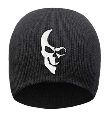 That's A Wrap Men's Embroidered Ghosted Half Skull Knit Beanie Cap - Black/White - Wisconsin Harley-Davidson