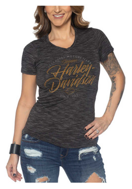 Harley-Davidson Women's Bonneville Rhinestone V-Neck Short Sleeve Tee - Heather - Wisconsin Harley-Davidson