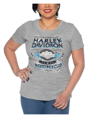 Harley-Davidson Women's Flashy Foiled Scoop Neck Short Sleeve Tee, Heather Gray - Wisconsin Harley-Davidson