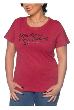 Harley-Davidson Women's Foiled Script Poly-Blend Short Sleeve Tee - Dark Red - Wisconsin Harley-Davidson