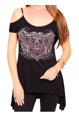 Harley-Davidson Women's Embellished Open Shoulder Short Sleeve Tee, Black - Wisconsin Harley-Davidson