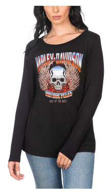 Harley-Davidson Women's Wild Rose Embellished Scoop Neck Long Sleeve Top - Black - Wisconsin Harley-Davidson