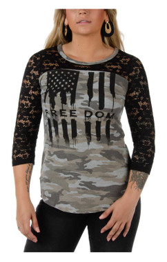 Liberty Wear Women's Freedom Studded 3/4 Sleeve Sharktail V-Neck