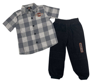 Harley-Davidson Little Boys' 2-Piece Toddler Plaid Shirt & Denim Pant Set - Gray - Wisconsin Harley-Davidson
