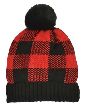 That's A Wrap Women's Red Buffalo Plaid & Pom Knit Winter Beanie Cap - Red - Wisconsin Harley-Davidson