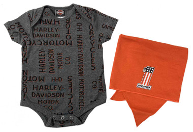 Harley-Davidson Baby Boys' Orange Printed H-D Creeper & Doo Rag Set - Dark Gray - Wisconsin Harley-Davidson