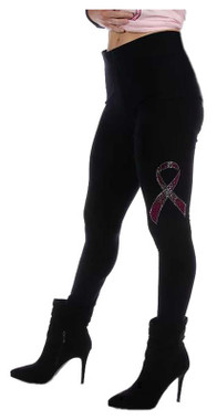 Liberty Wear Women's Relentless Embellished Pink Ribbon Mid-Rise Leggings, Black - Wisconsin Harley-Davidson