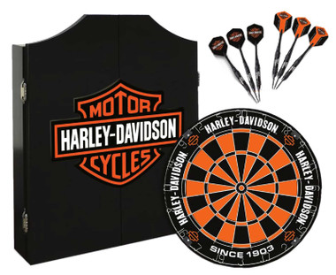 Harley-Davidson Classic Bar & Shield Logo Dart Board Kit – Black Wooden Cabinet - Wisconsin Harley-Davidson
