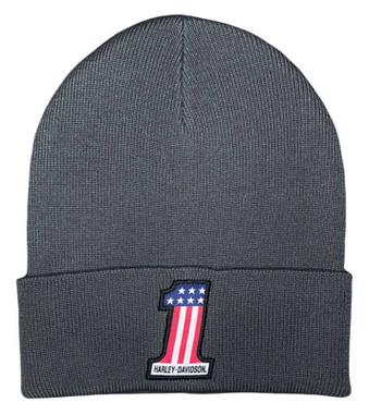 Harley-Davidson Men's #1 RWB Logo Patch Embroidered Cuffed Beanie Hat - Charcoal - Wisconsin Harley-Davidson