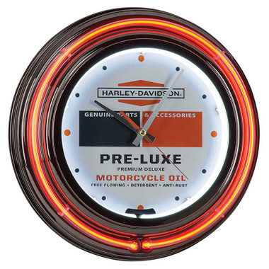 Harley-Davidson Double Neon Clock, Pre-Luxe Oil Can Graphic Gunmetal Housing - Wisconsin Harley-Davidson